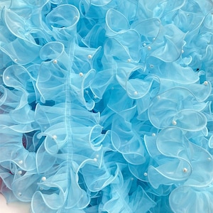 3 meters 11cm 4.33" wide blue organza beads ruffle pleat lace trim collar sleeves dance dress edges decoration C24X1060P250624C