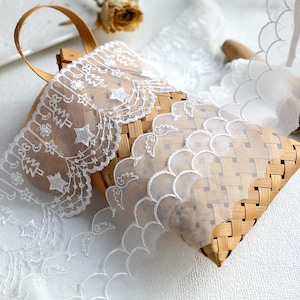 10メートル 6-8.5 cm幅 アイボリー ガーゼ メッシュ 花柄 生地 刺繍 人形 スカート ドレス 袖 縁飾り レース トリム リボン X28C653L241222R