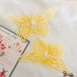 10pcs/lot 5.5x10cm wide yellow beads butterfly tulle embroidery DIY Iron material bag clothes dress skirt appliques patches T21V34T230225T