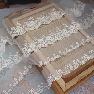 May include: White lace trim featuring a delicate floral design. The trim is layered on top of a piece of sheer fabric.