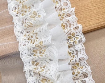 2 meter 11cm 4.33" wide ivory gold mesh ruffle pleat wrinkle child skirt dress shirt curtain table edging lace trim ribbon V24X828L240507V