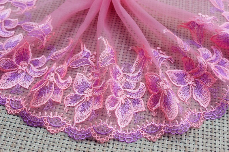 5 yard 17cm 6.69 wide pink tulle mesh gauze fabric embroidered tapes lace trim ribbon B4R1394L0616P