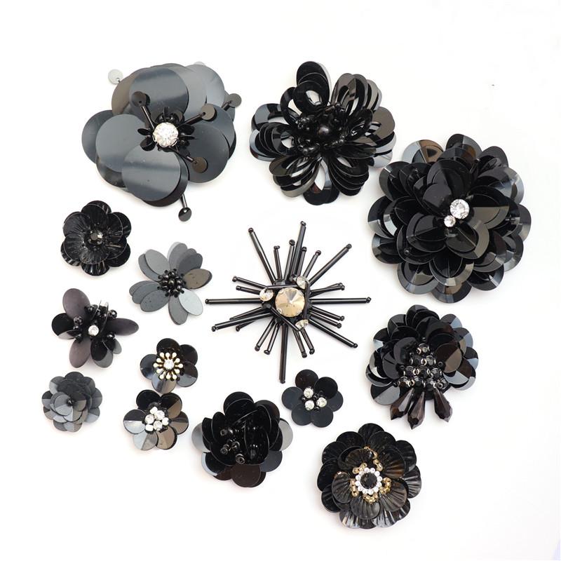 3-10pcs Handmade Nail Black Flower Sequins Beads Cloth 