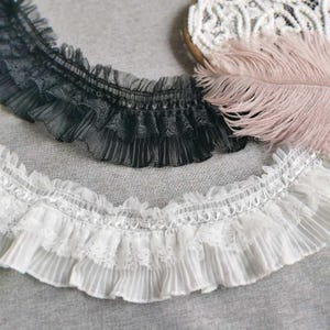 9 cm 3,54 "breites schwarzes/ivory dehnbares elastisches Gaze-Falten-Rüschen-Stofftuch Rockkleid-Shirt-Rand Spitzenband D5C743L1800830H