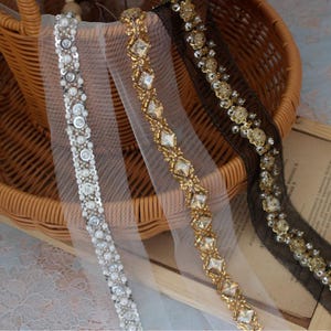 1 metros 2 cm 0,78" de largura malha preta/marfim strass contas lantejoulas renda guarnição fita chapéu vestido saia tiaras bordas material T27X570L250407H