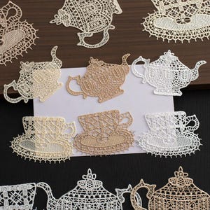 10pcS 6-11cm wide ivory/apricot/coffee cup tea pot embroidered DIY sew craft material garments skirt lace appliques patches T31P76P230127T