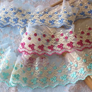 5 metros 9,8 cm 3,86" de largura fúcsia/azul/turquesa floral gaze tecido bordado renda guarnição fita saia vestido borda acessórios 27X534P250315P