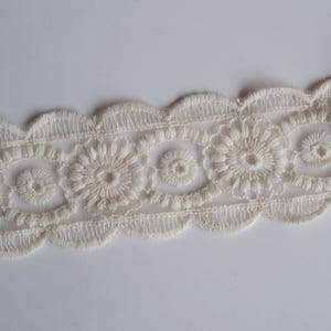 May include: Close-up of ivory-colored lace trim. The trim features a repeating pattern of floral designs within circular frames, connected by a delicate, scalloped edge. The lace is made of a soft, woven material.