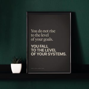 May include: Framed print with the text "You do not rise to the level of your goals. You fall to the level of your systems." The print is in a black frame, with a dark background and a small plant in a white pot.