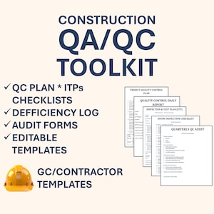 May include: A construction QA/QC toolkit graphic with the title "CONSTRUCTION QA/QC TOOLKIT" in navy blue. The image includes a yellow hard hat, checklists, and editable templates. Text includes "QC PLAN * ITPs", "CHECKLISTS", "DEFFICIENCY LOG", "AUDIT FORMS", and "GC/CONTRACTOR TEMPLATES".