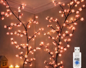 96 LED Cherry Blossom Tree Lights USB Powered – Fairy Vine String Lights, Spring Home Decor, Bedroom Ambience