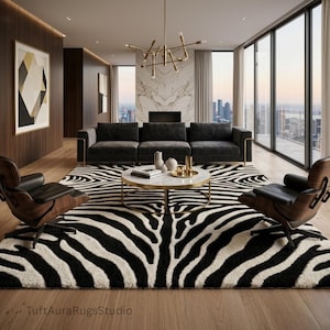 May include: A large rectangular area rug featuring a high-contrast black and white zebra stripe pattern. The rug is positioned on a light wood floor in a living room, centred beneath a round marble coffee table with a gold metal frame base.