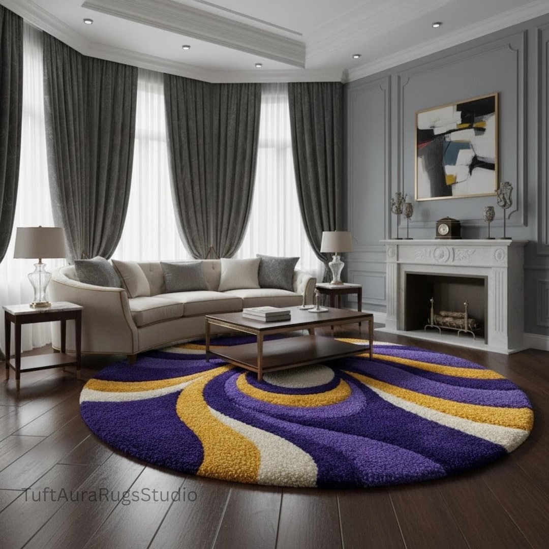 Hand Tufted Wool Rug – Round Purple, Gold & Ivory Abstract Area Carpet ...