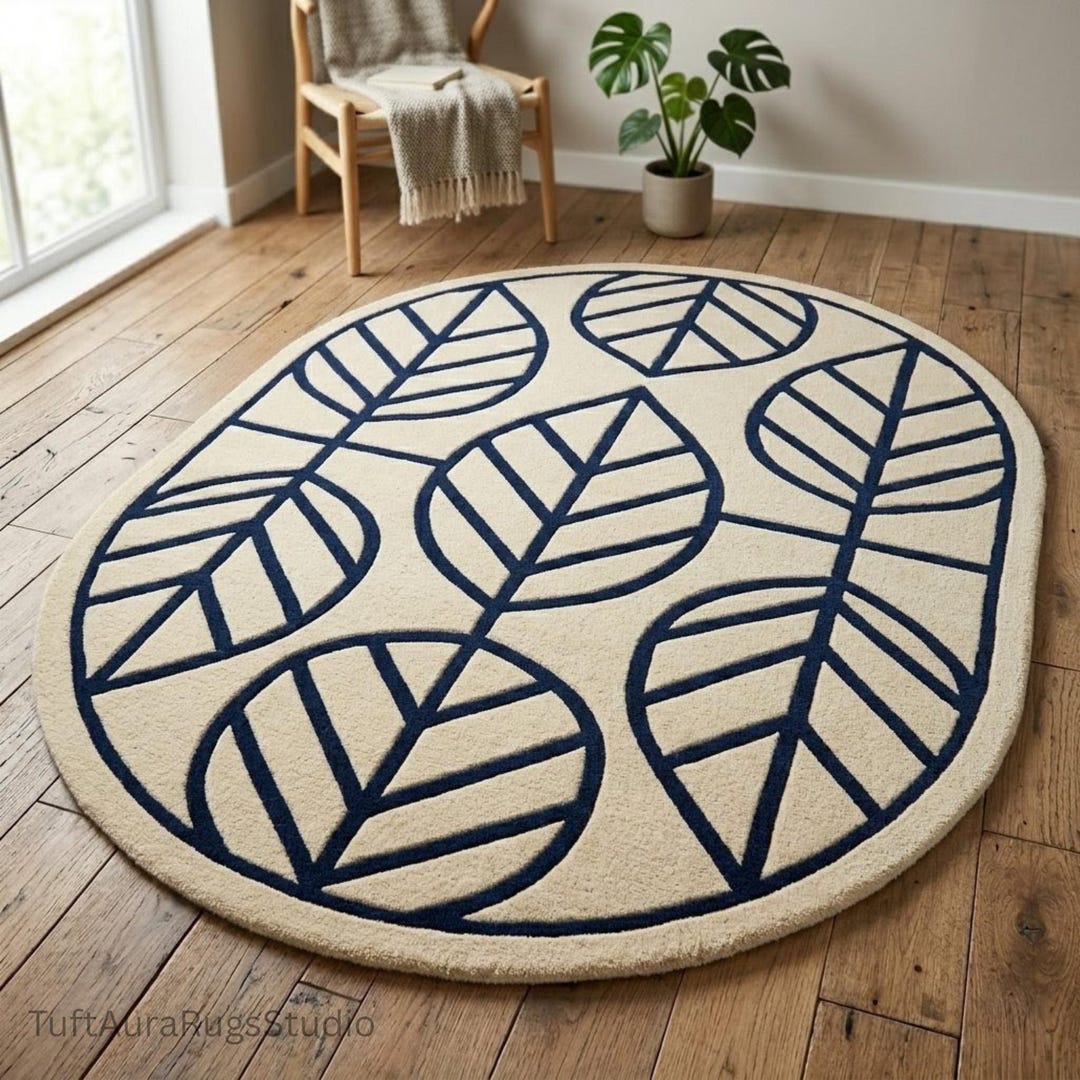 Hand Tufted Wool Oval Rug | Modern Leaf Pattern Carpet | Cream & Navy ...