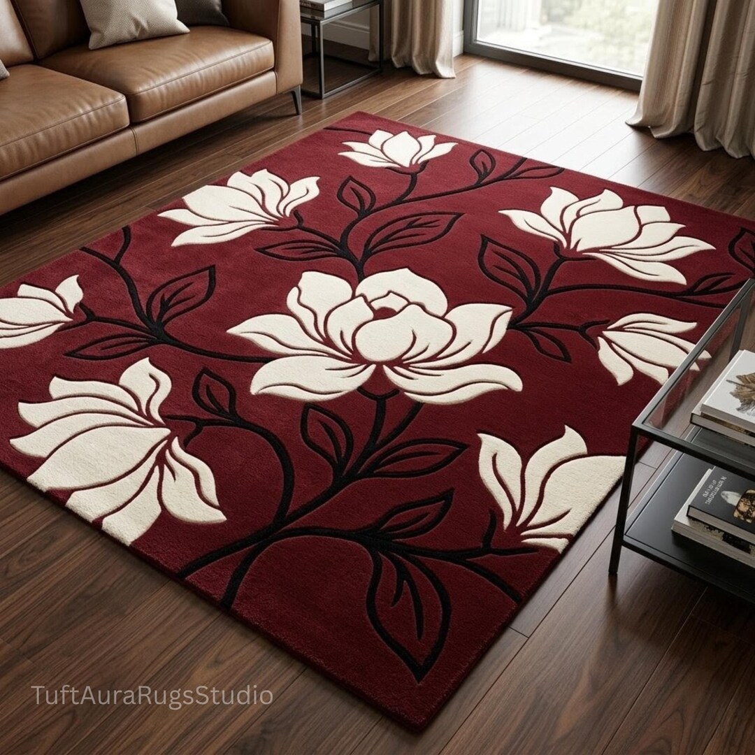 Red Tuft Rug Hand Tufted Wool Rug, Red Floral Carpet, Modern Living Room Decor - Etsy