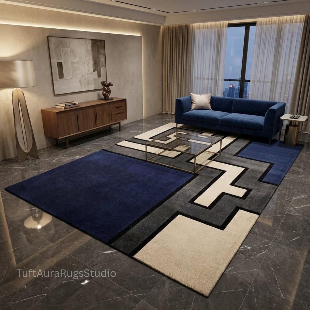 Hand Tufted Wool Rug – Modern Geometric Design in Blue, Cream & Grey ...