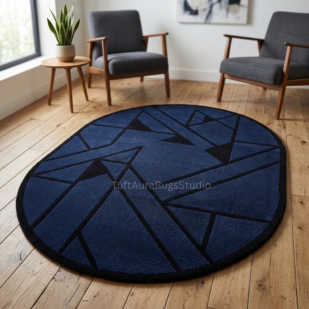 Hand Tufted Wool Oval Carpet, Modern Blue Geometric Area Rug - Etsy
