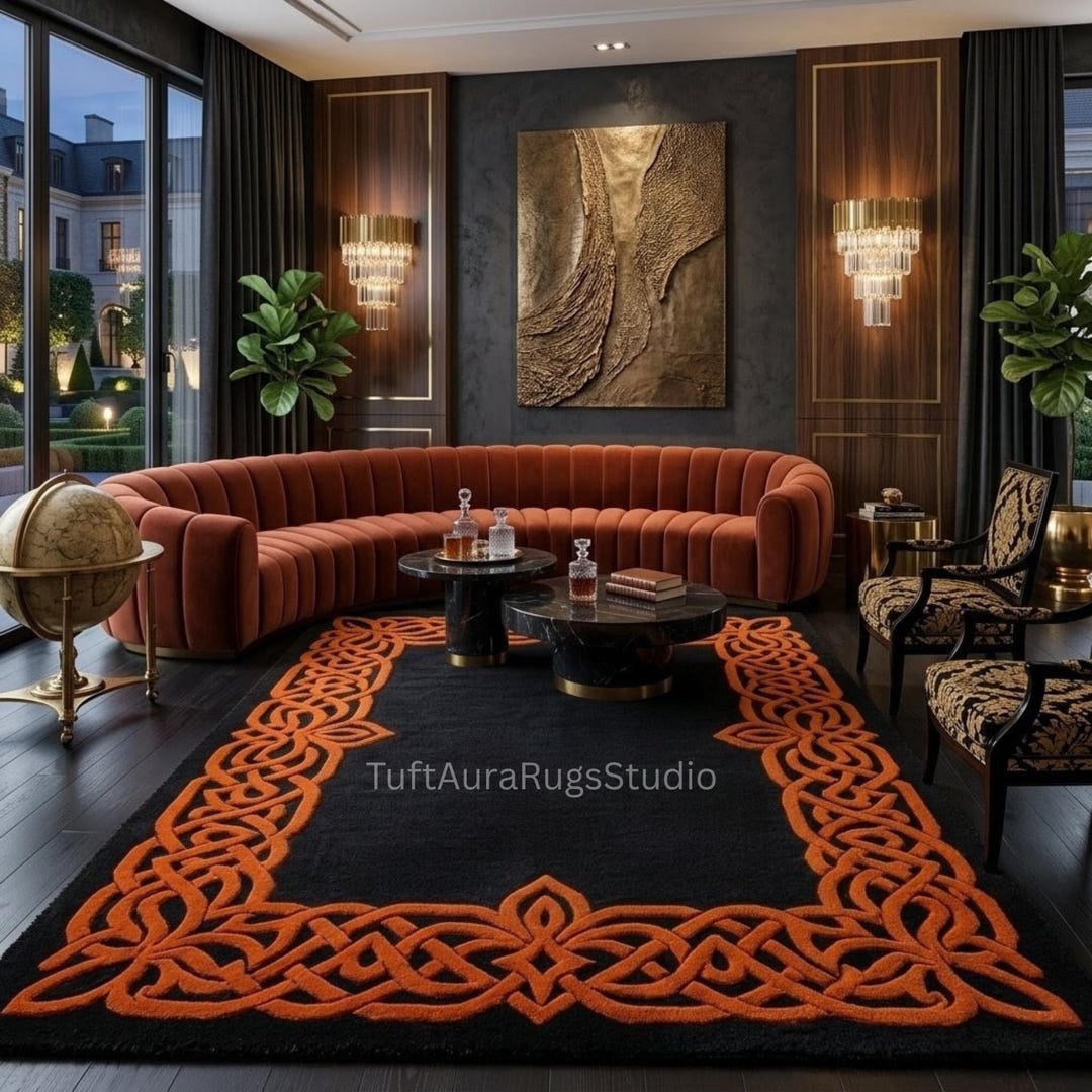 Hand Tufted Wool Area Rug, Luxury Black and Rust Celtic Border Carpet ...