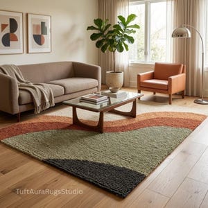 Tappeto in lana trapuntato a mano, moderno, astratto, a ricciolo, decorazione geometrica contemporanea per la casa.