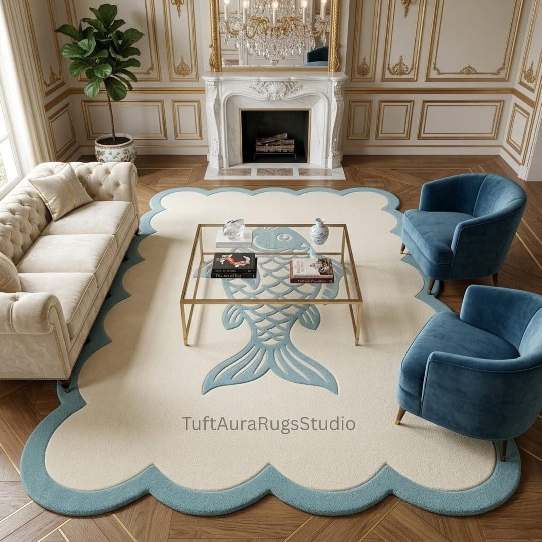 Hand Tufted Wool Fish Rug, Blue Cream Coastal Scalloped Carpet, Ocean ...