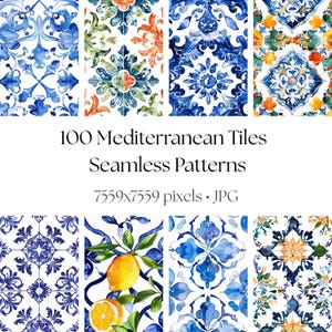 May include: A collection of 100 Mediterranean tiles seamless patterns featuring watercolor designs in blue, orange, yellow, and green. The text reads 100 Mediterranean Tiles Seamless Patterns 7559x7559 pixels JPG. The patterns include floral, geometric, and lemon motifs.
