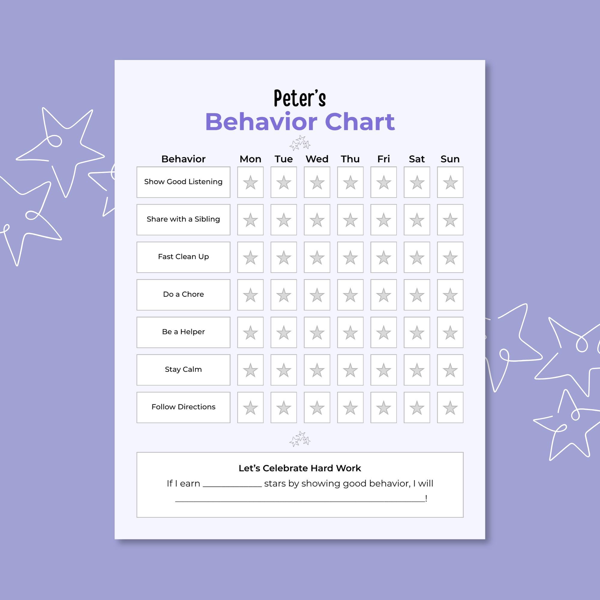 Editable Behavior Chart for Kids | Reward Chart With Stars (canva ...