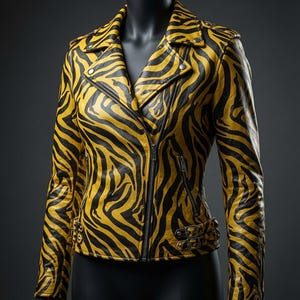 May include: A motorcycle jacket featuring a bold yellow and black tiger stripe pattern. The jacket includes a notched lapel, a diagonal front zip closure, silver-toned metal hardware, zipped pockets, and adjustable side buckles at the waist.