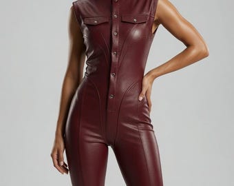 Women's Leather Jumpsuit, Handmade Bodysuit, Slim Fit Romper, Statement Outfit, Gift for Her