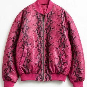 Handmade Women's Hot Pink Python Snakeskin Bomber Jacket Faux Leather Y2K Oversized