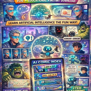 May include: A colourful digital comic book cover, "AI Learning Comics for Kids." The design features futuristic illustrations, including robots, scientists, and a comic index on a tablet. The cover promotes fun, educational content, and instant downloads for STEM learning.