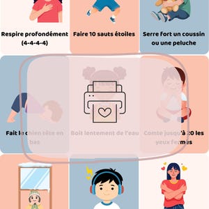 Puede incluir: Una infografía colorida con ilustraciones y texto en francés. Las imágenes muestran diversas actividades, como respiración profunda, saltos de estrella, y beber agua. El texto proporciona instrucciones para cada actividad.