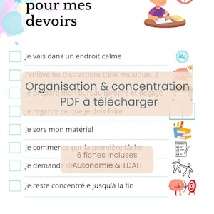Peut inclure: Affiche éducative colorée avec le texte "Je m'installe pour mes devoirs" et une liste de contrôle pour étudier. Comprend des illustrations d'un étudiant, d'une horloge et des icônes liées aux études. Conçu pour l'organisation et la concentration.
