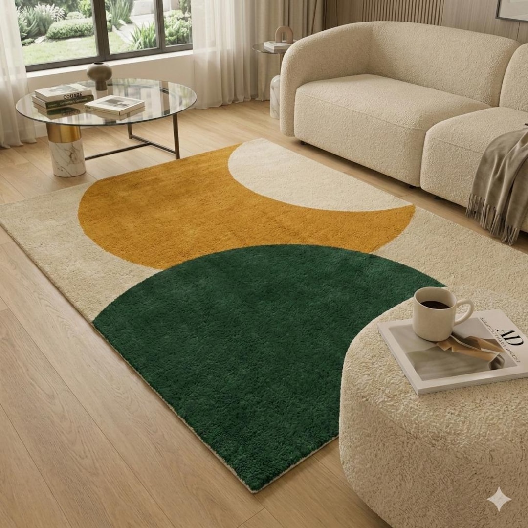 Modern Abstract Color Block Area Rug With Green and Mustard Curves ...