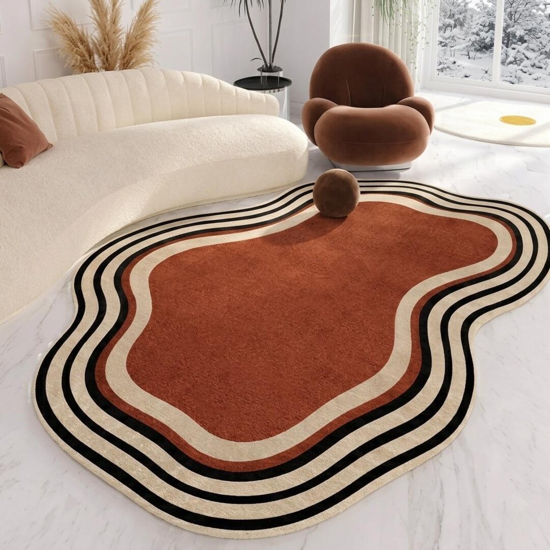 Puddle Rug Shape Organic Puddle Shape Area Rug Retro Wavy Border Hand Tufted Wool Carpet ...