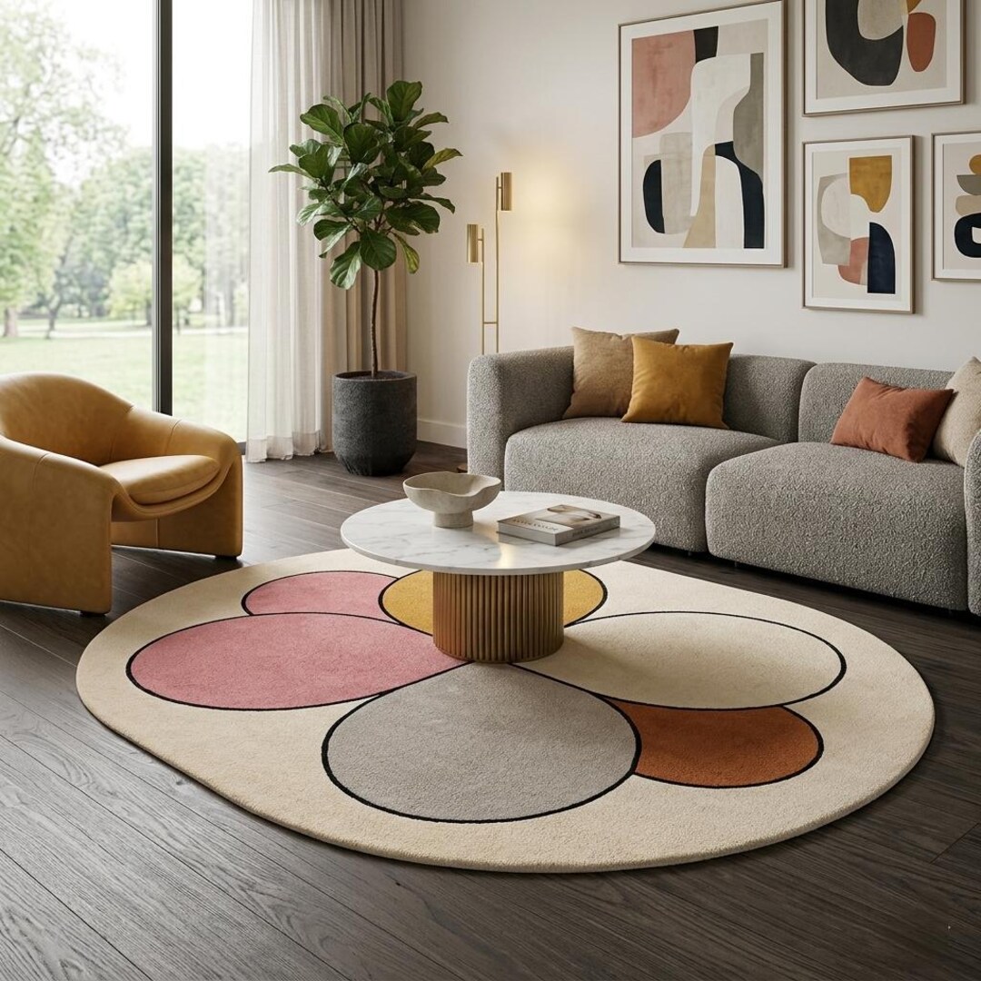 Modern Abstract Geometric Floral Tufted Area Rug in Blush Pink Mustard ...