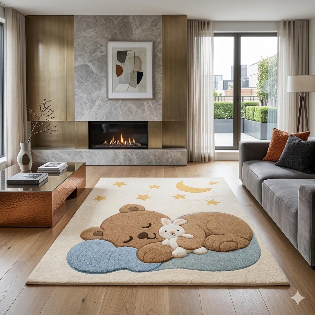 Baby Sleep Rug Hand Tufted Wool Nursery Rug Cute Sleeping Bear With Bunny Moon Stars ...