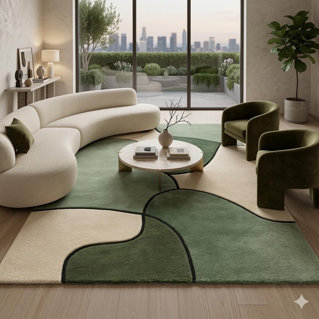 Modern Abstract Organic Tufted Area Rug in Earthy Green and Cream With ...
