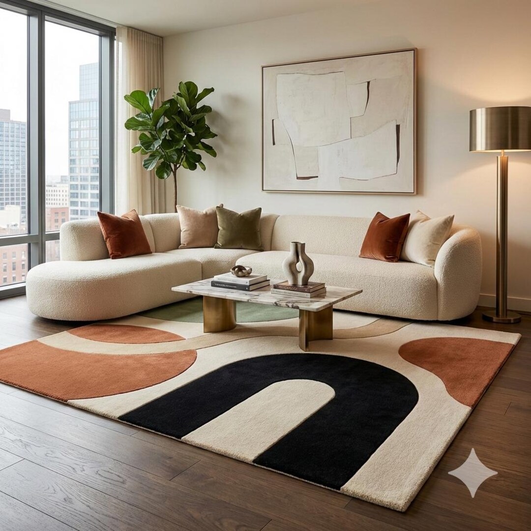Modern Abstract Geometric Rug Featuring Bold Black Arch, Terracotta ...