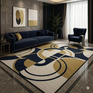 Modern geometrisk abstrakt matta med korsande marinblå senapsgula och mjuka krämfärgade cirklar, anpassad storlek 8x10