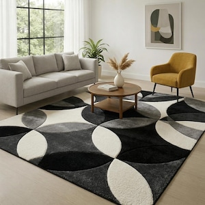 Modern geometrisk, skärande cirklar, tjock plyschmatta i svart, vitt och mjukt grått, Would rug, anpassad storlek 8x10