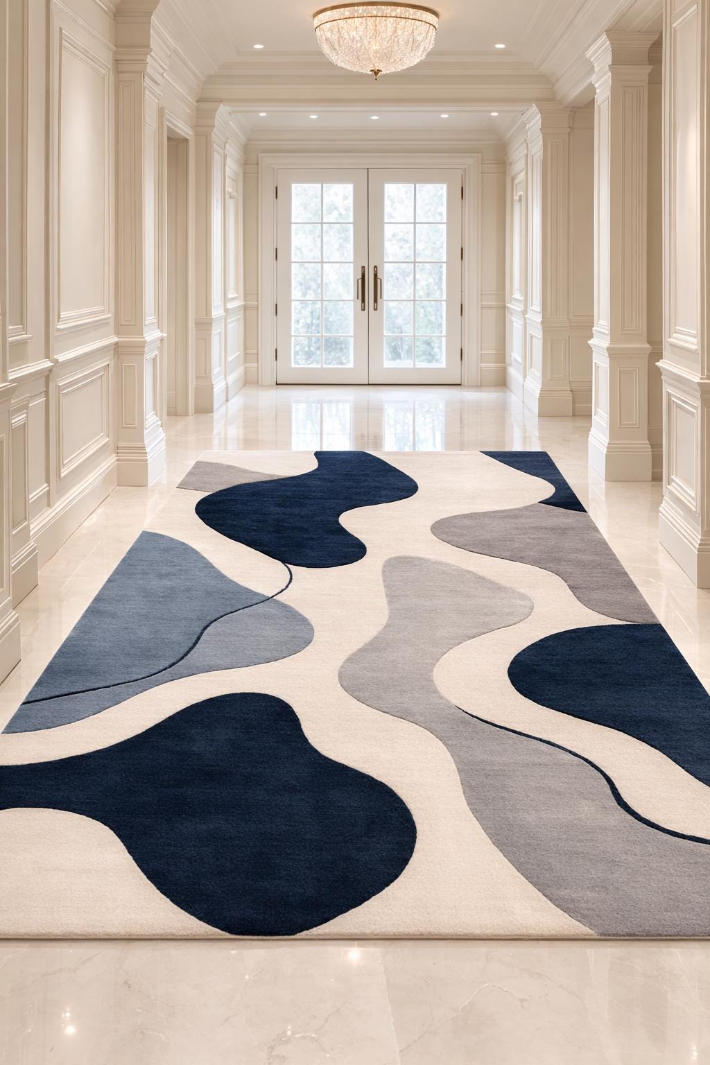 Contemporary Rug Blue Modern Abstract Navy Blue Grey Area Rug, Luxury Contemporary Hand ...