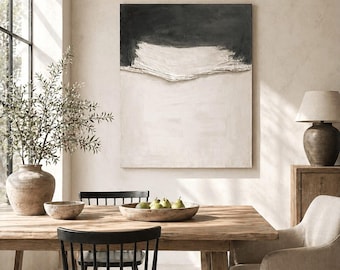 Getextureerd zwart-wit abstract olieverfschilderij | Wabi-Sabi canvaskunst | Minimalistische moderne muurkunst