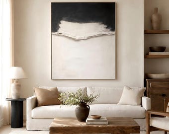 Textured Black and White Abstract Oil Painting | Wabi-Sabi Canvas Art | Minimalist Modern Wall Art