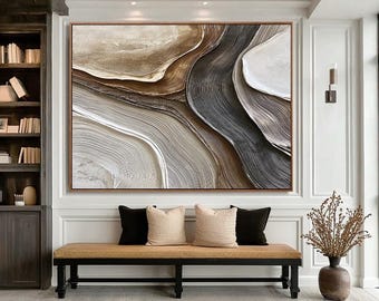 Abstract olieverfschilderij aardelagen | Neutrale muurkunst met textuur | Moderne organische canvaskunst