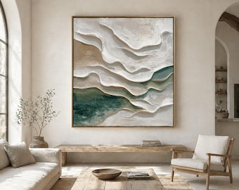 Getextureerd abstract kustolieverfschilderij | Moderne op de oceaan geïnspireerde muurkunst | Hedendaags zeegezichtdecor