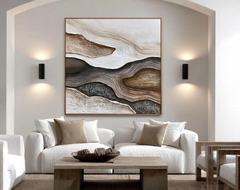 Getextureerd abstract landschapsolieverfschilderij | Beigebruine moderne canvaskunst