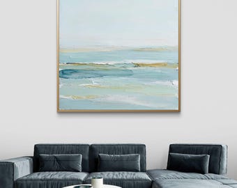 Calm Ocean Oil Painting | Pastel Seascape Art | Original Beach Landscape | Soft Blue Sea Painting