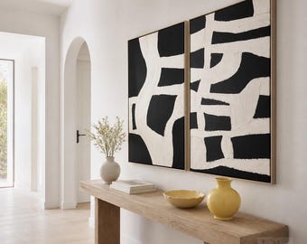 Modern neutraal muurdecor | Groot hedendaags tweeluik | Zwart-wit abstract olieverfschilderijset
