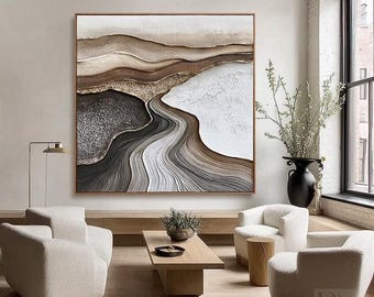 Getextureerd abstract landschapsolieverfschilderij | Canyon-muurkunst in aardetinten, bladgoudaccenten