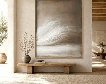 Neutraal abstract zeegezicht-olieverfschilderij | Moderne kustmuurkunst | Minimalistisch beige oceaancanvas